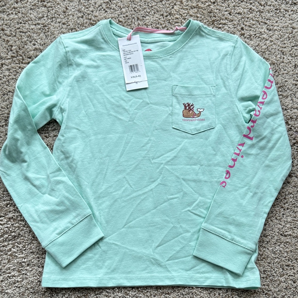 NWT Vineyard Vines Kids Mint Long Sleeve Girls XS Reindeer Christmas shirt